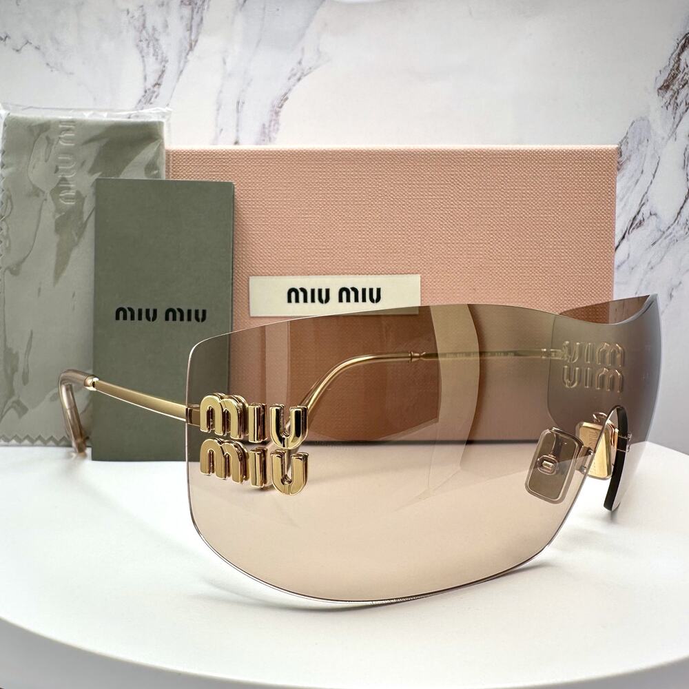 New MIU MIU Aube Sunglasses Gold Light Brown Mirror Bronze Rimless Wrap Womens